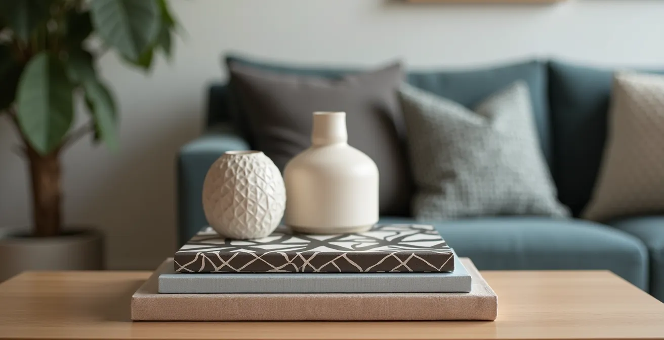 Composition décorative de trois objets sur une table basse créant un triangle visuel harmonieux