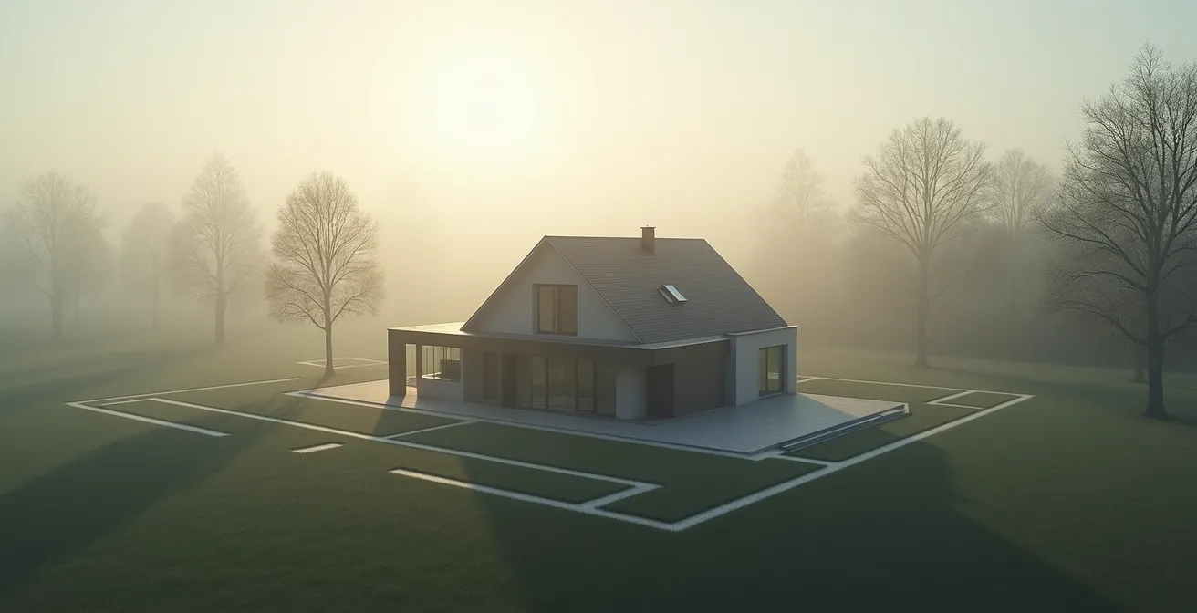 Vue aérienne minimaliste d'une maison avec flux d'air naturel représentés de manière abstraite