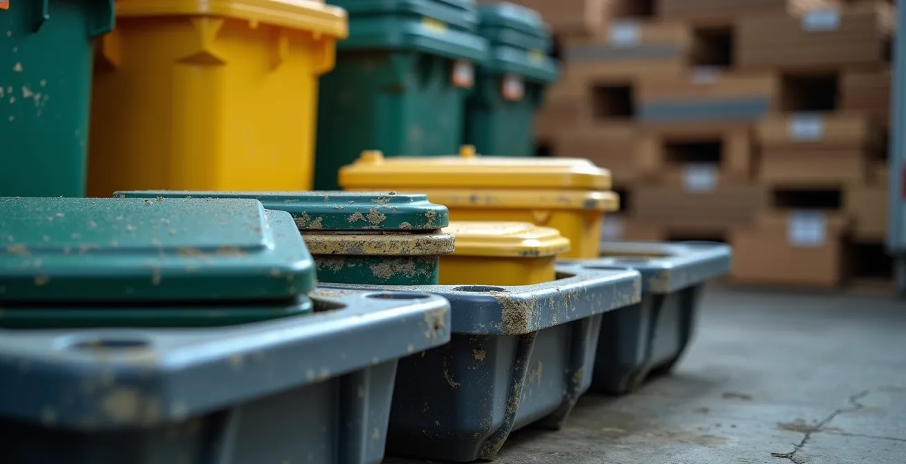 Zone de stockage sécurisée avec bacs de rétention et conteneurs pour déchets de chantier