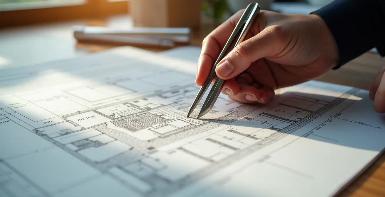 Vue aérienne illustrant le coefficient d'emprise au sol avec une maison et son terrain délimité