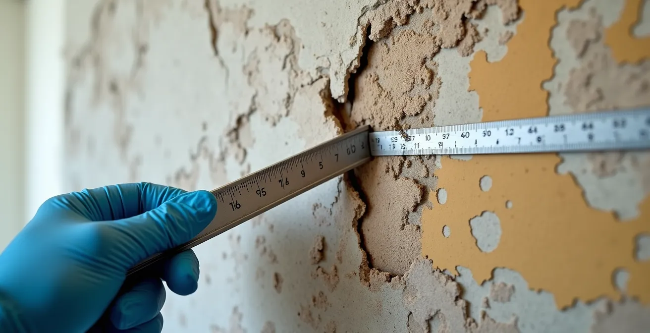 Détail macro d'une fissure ancienne sur un mur avec repères de mesure