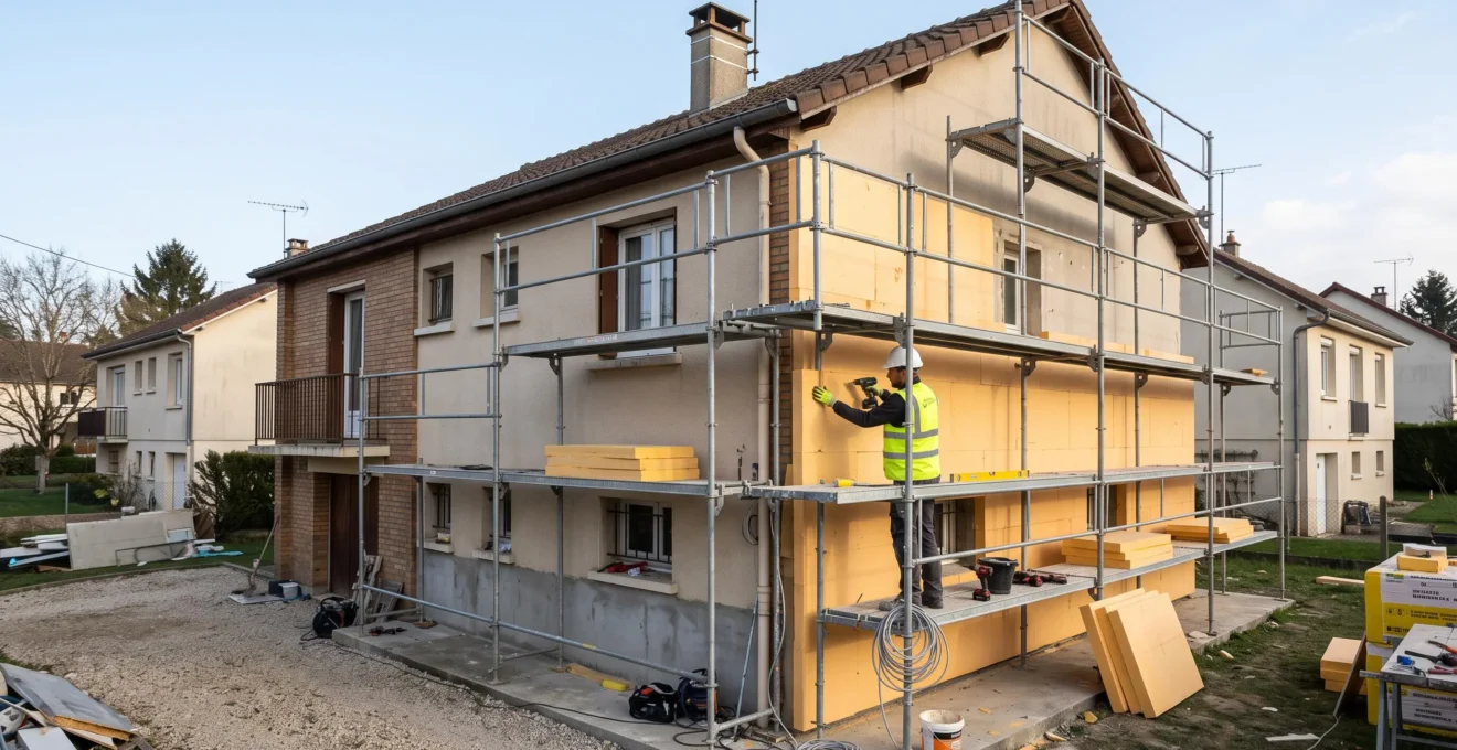 Ouvrier installant des panneaux d'isolation thermique extérieure sur la façade d'une maison individuelle avec échafaudage métallique