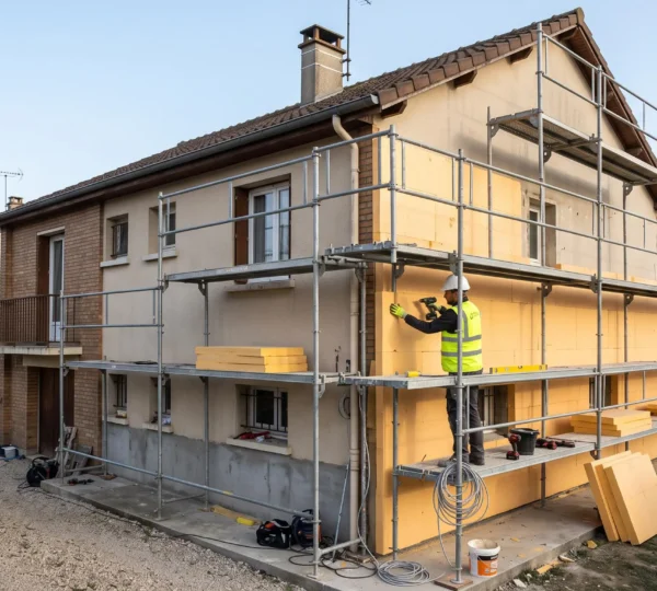 Ouvrier installant des panneaux d'isolation thermique extérieure sur la façade d'une maison individuelle avec échafaudage métallique
