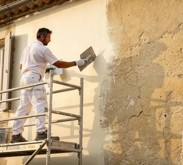 Un artisan applique un enduit de ravalement à la lisseuse sur la façade d'une maison provençale à Avignon.