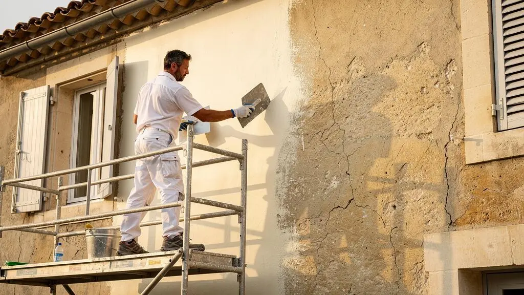 Un artisan applique un enduit de ravalement à la lisseuse sur la façade d'une maison provençale à Avignon.