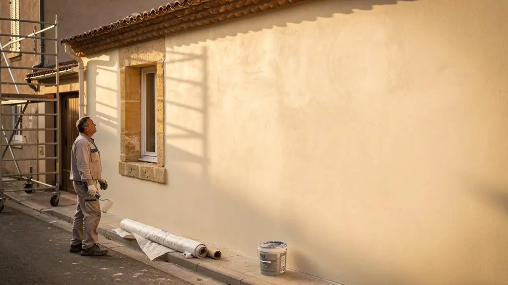 Un ouvrier inspecte une façade fraîchement rénovée au bord d'un chantier de ravalement terminé à Avignon.