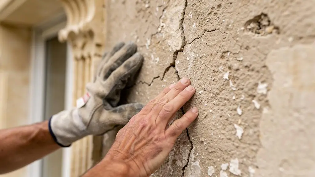 Les mains d'un artisan examinent une fissure sur l'enduit d'une façade ancienne à Avignon.