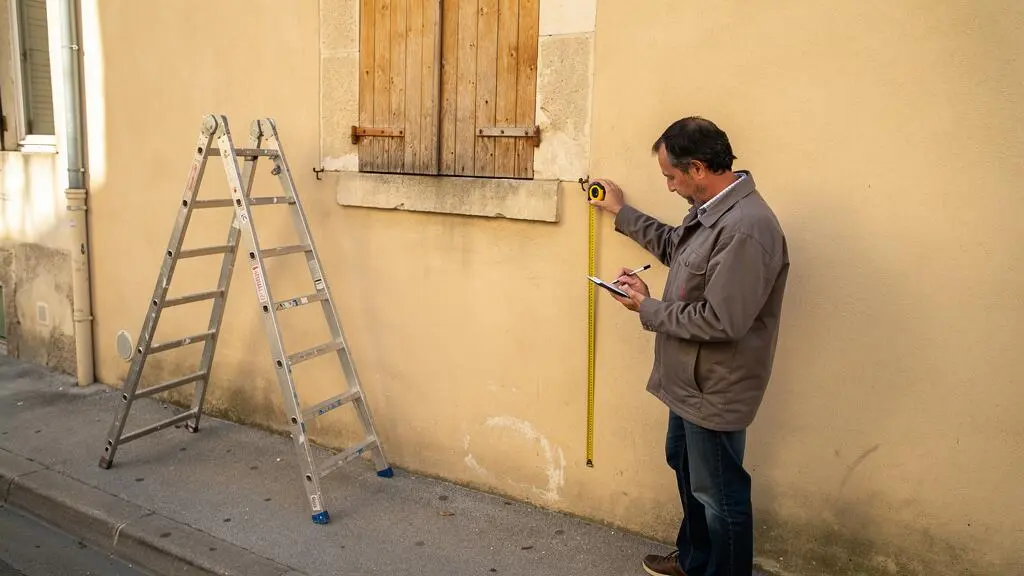 Un professionnel mesure la façade d'une maison avec un mètre ruban pour établir un devis de ravalement.