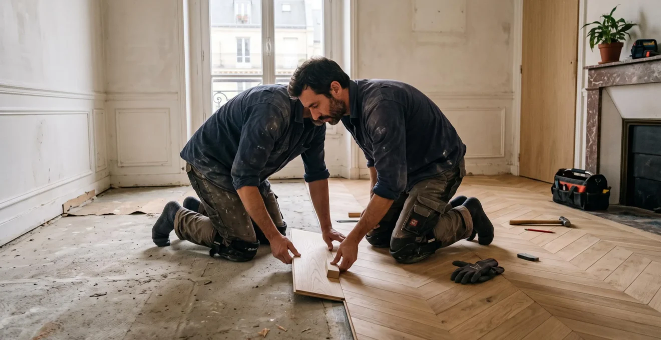 Un artisan pose un parquet clair dans une pièce en cours de rénovation.