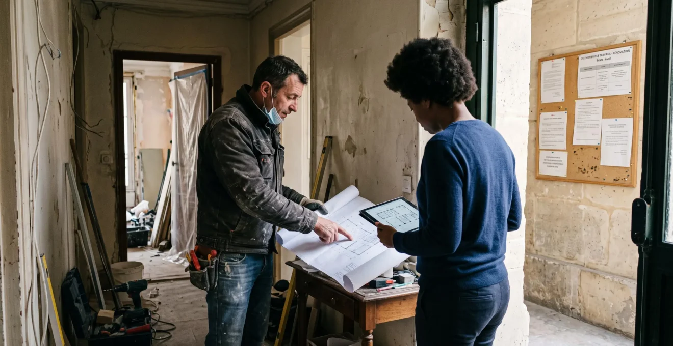 Un artisan et un propriétaire examinent un plan de travaux dans un appartement.