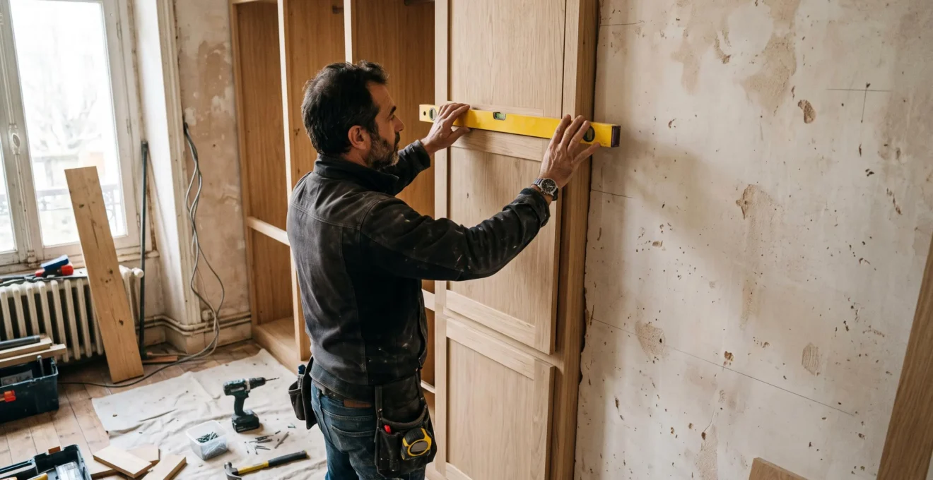 Un menuisier pose un placard de rangement sur mesure dans un petit appartement.