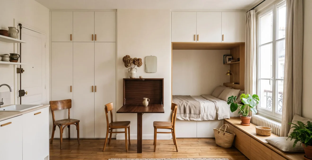 Studio rénové avec placards intégrés, table rabattable et rangements sous fenêtre.