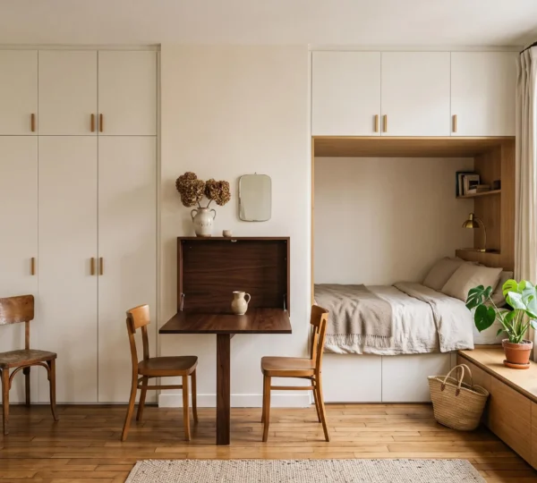 Studio rénové avec placards intégrés, table rabattable et rangements sous fenêtre.
